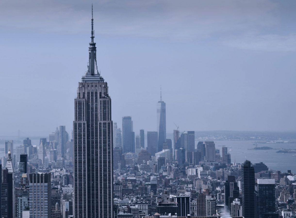 View over busy city at dusk